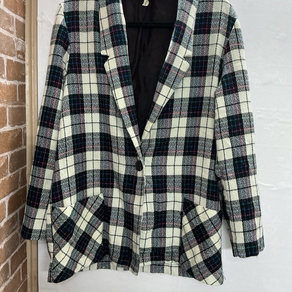 Vintage Cream & Black Plaid Single-Button Blazer Jacket